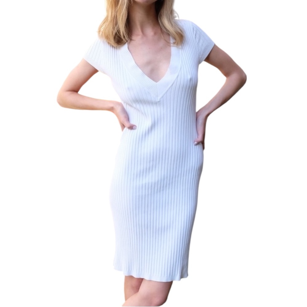 VTG 90s THE LIMITED White Fitted Short Sleeve Midi Dress Deep Plunge Body Con S